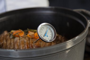 Remove the veal from the pan at a core temperature of between 65ºC/70ºC (149/158ºF).